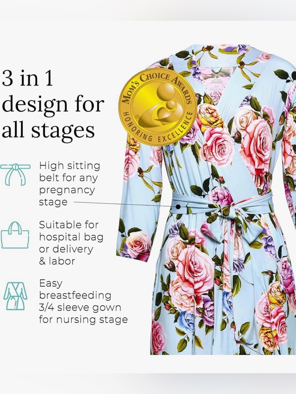 Posh Peanut maternity robe country rose print stretch viscose XL blue pink flora - Picture 3 of 7